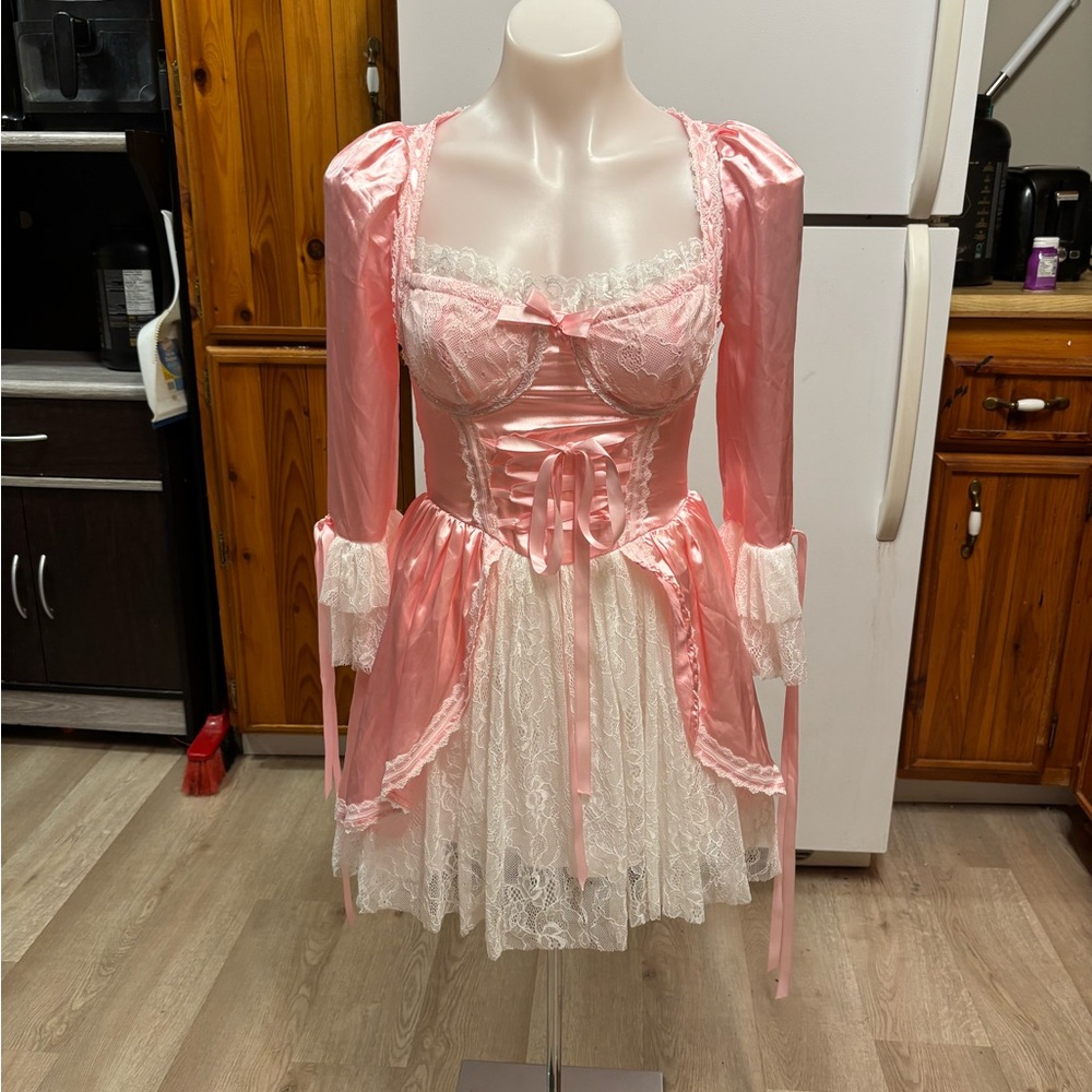 Pink and White Lace Dress with Satin Details